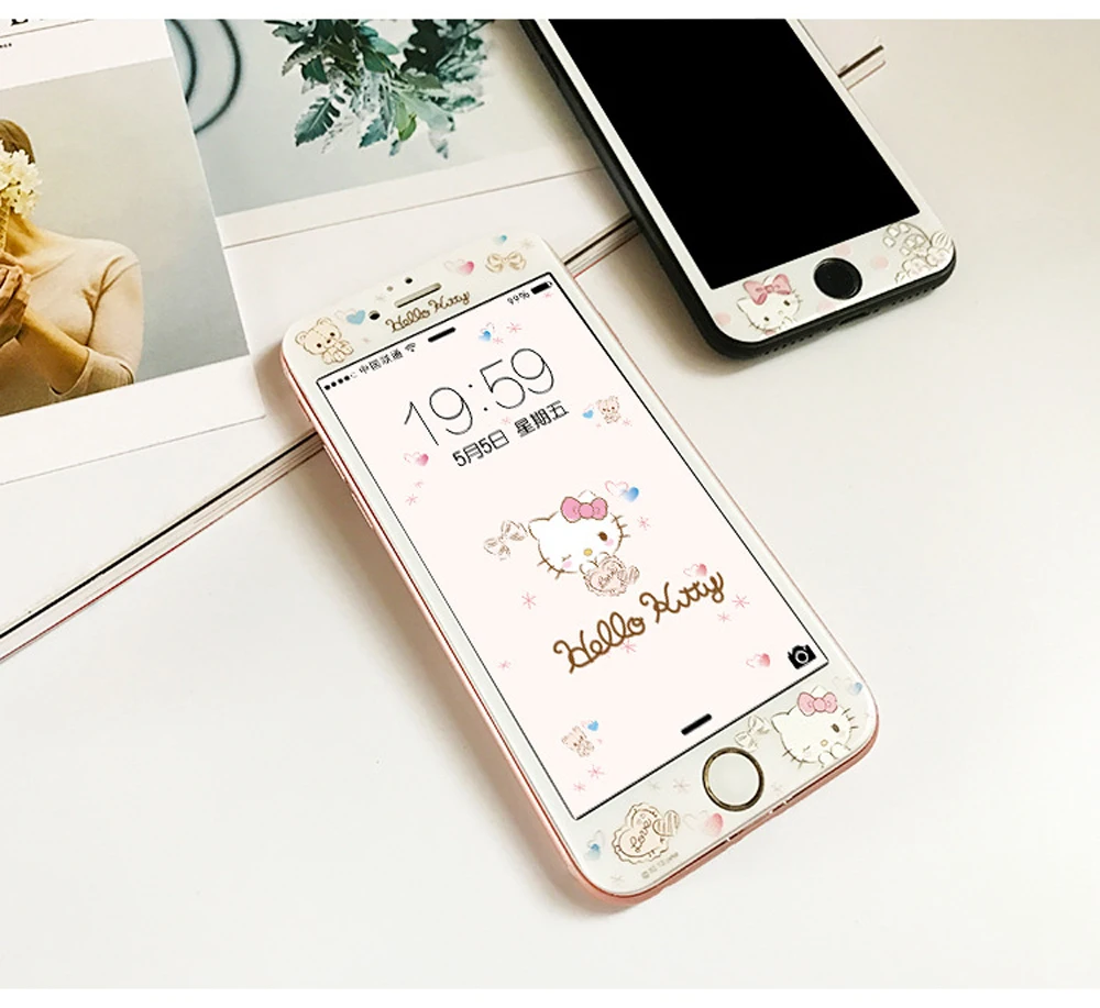 Мультфильм Закаленное стекло протектор экрана для iPhone 6 6s 7 8 плюс милый котенок медведь фрукты полное покрытие защиты аксессуары