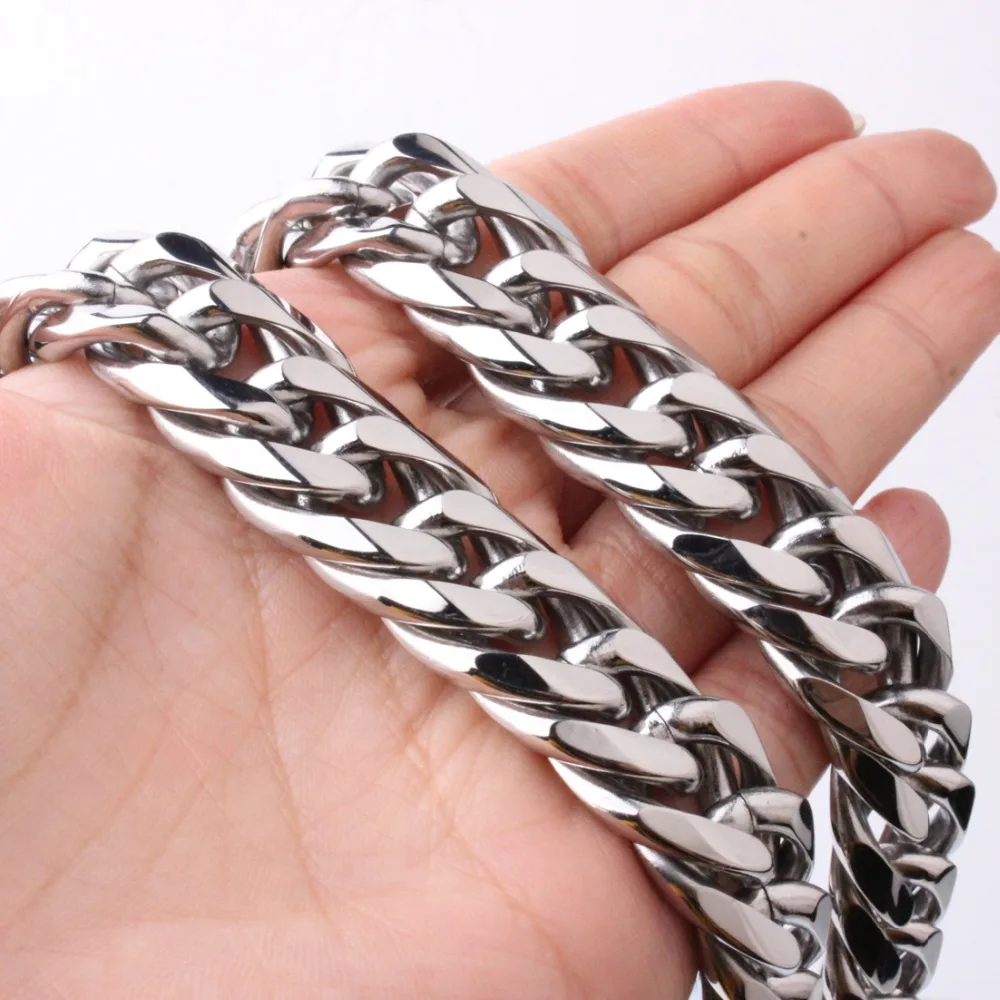

16mm 7-40" Square Buckle Stainless Steel Polished Silver Cut Cuban Curb Chain Mens Boys Necklace Or Bracelet Jewelry Xmas Gift