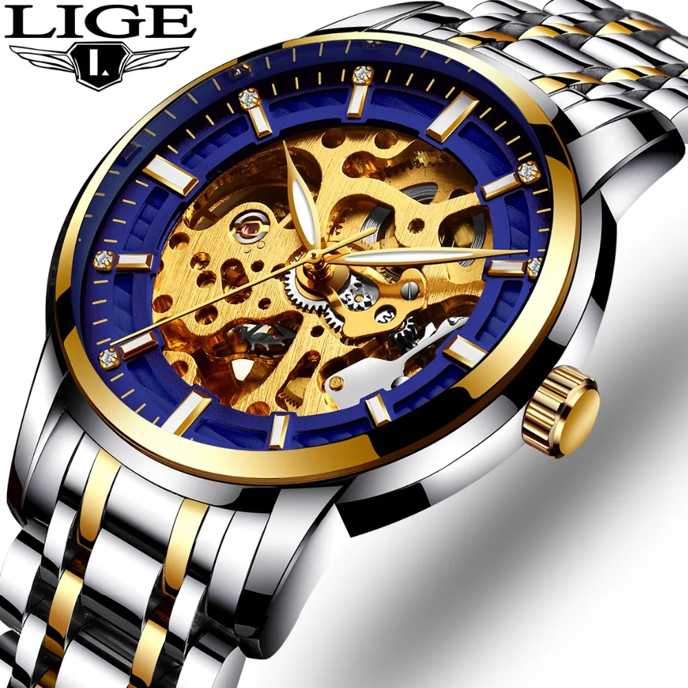 

2017 Watches men full steel Skeleton Automatic mechanical watch luxury brand LIGE waterproof business dress wristwatch gold blu