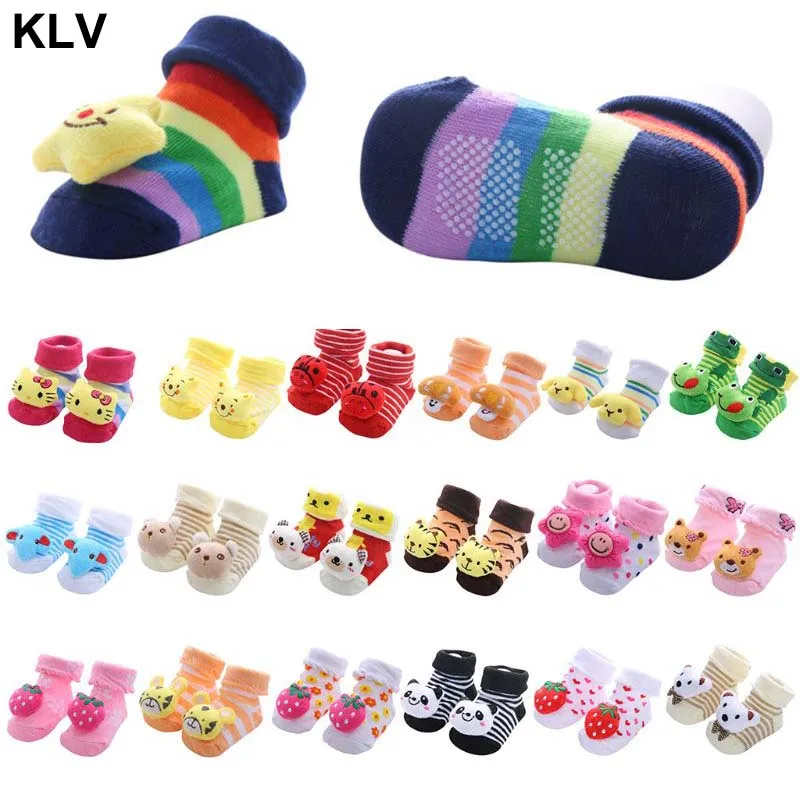 

Newborn Baby Prewalker Cotton Floor Socks Cute 3D Cartoon Animal Rainbow Stripe Anti-Skid Sole Infant Cuffed Slipper Shoes 0-12M
