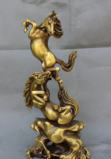

wholesale factory 15" Folk Chinese Bronze Carved Animals Year Zodiac 2 Up Horse Play Statue Set