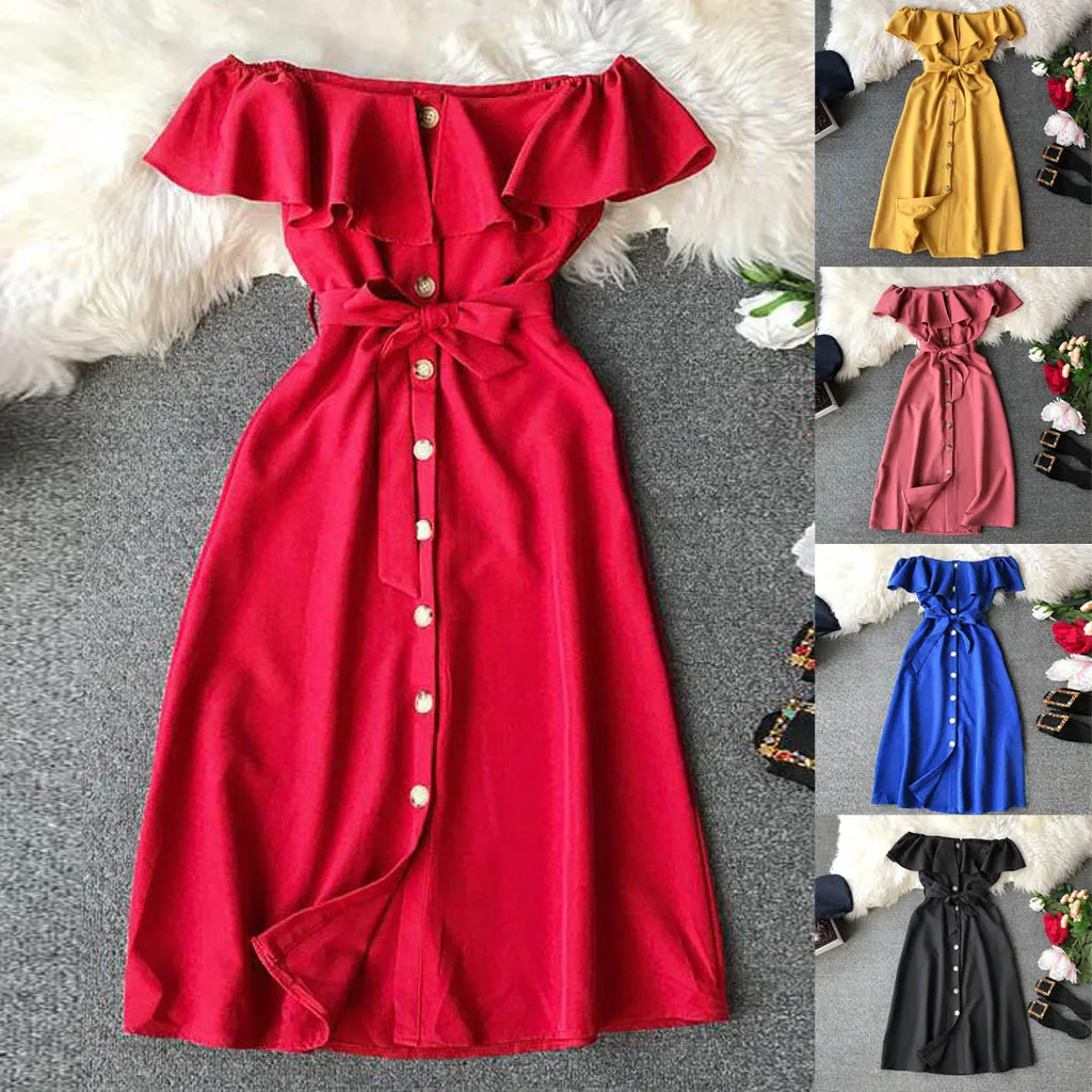 

Summer Dress Women Clothes 2019 Casual Off Shoulder Ruffles Solid Button Bow Dresses Woman Party Night Shipped within 36 hours