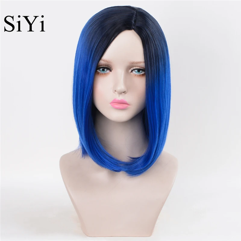 

Free Shipping Peruca Cosplay Bob Short Straight Black Blue Ombre Heat Resistant Synthetic Cheap Wigs for White Women Fashion