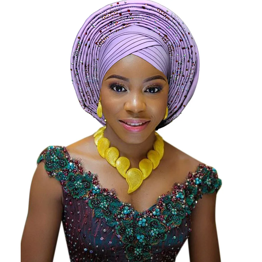 2018 New african aso oke cotton headtie nigerian gele headtie already made auto hele turban cap aso ebi big brim gele  (5)