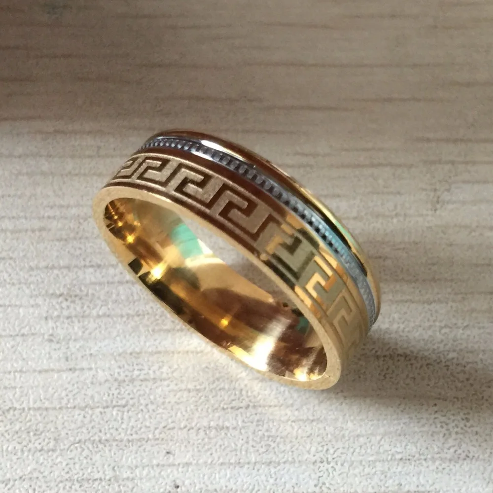 Luxury Large Wide 8mm 316 Anium Steel White Yellow Gold Color Luxury Large Wide 8mm 316 Anium Steel White Yellow Gold Color Greek Key Wedding Band Ring Men Women Silver 2 Tone In Rings From Jewelry