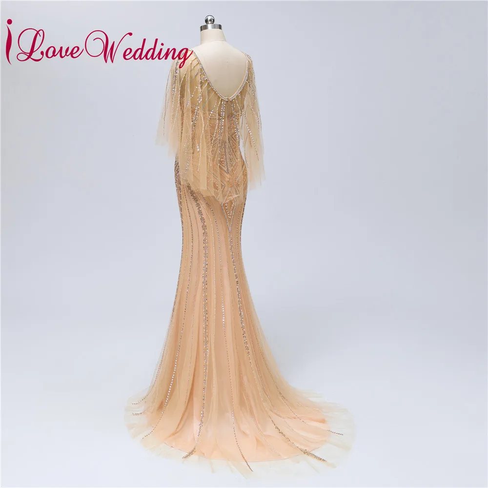 Vestido de festa longo Scoop Collar Gold Heavy Beadings Tulle V Back Fishtail Formal Evening Dresses Long Real Photo