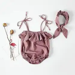 Для новорожденных одежда для малышей для девочек детская одежда с открытыми плечами Полосатый боди без рукавов повязка на голову с бантом