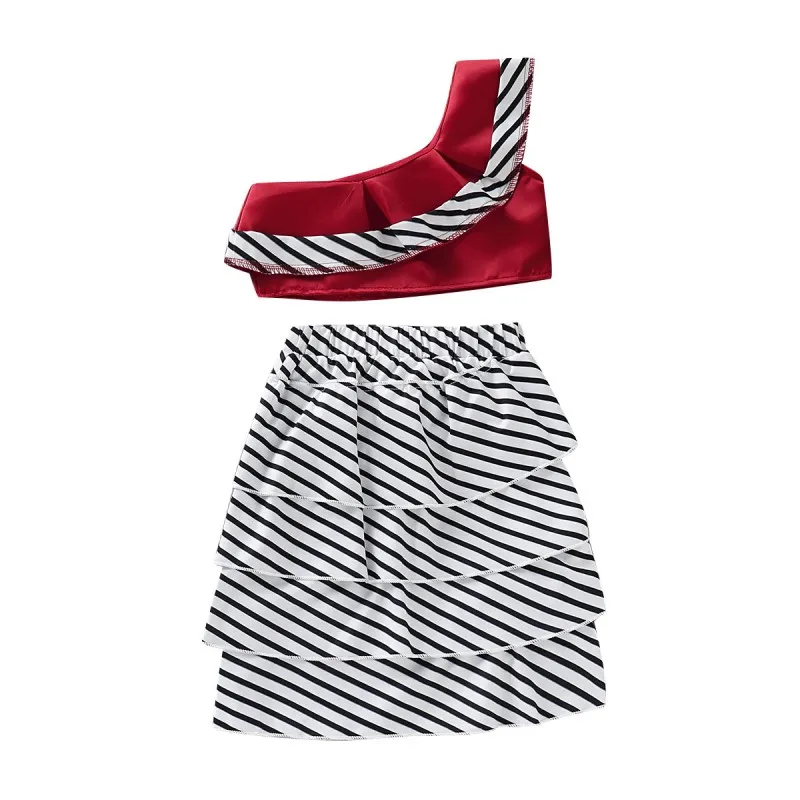 

Baby Girls Casual Summer Off-shoulder Tops Blouse+Striped Layers Skirts Suits Costume Set
