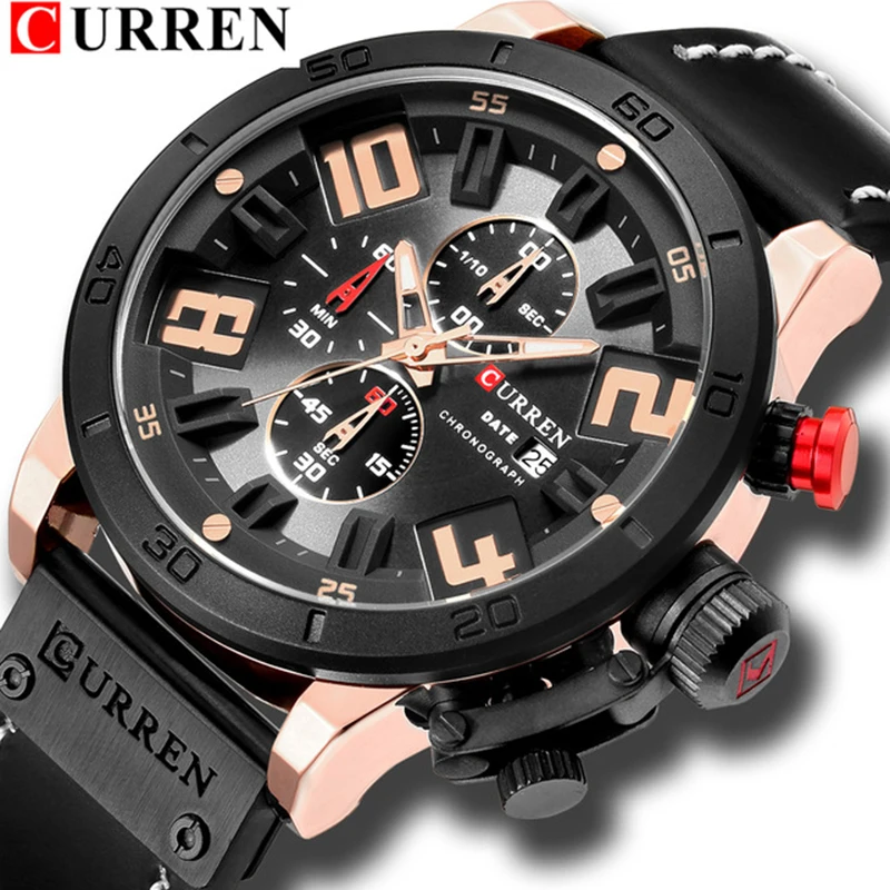

New Watches For Men Fashion Big Dial With Chronograph Leather Wrist Watch CURREN Calendar Business Montre Homme Saat Dropship