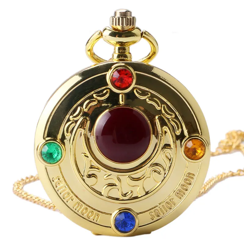 

Elegant sailor Moon Theme Gold Case Black Dial Quartz Pocket Watches with Necklace Chain for Girls Women Reloj de bolsillo