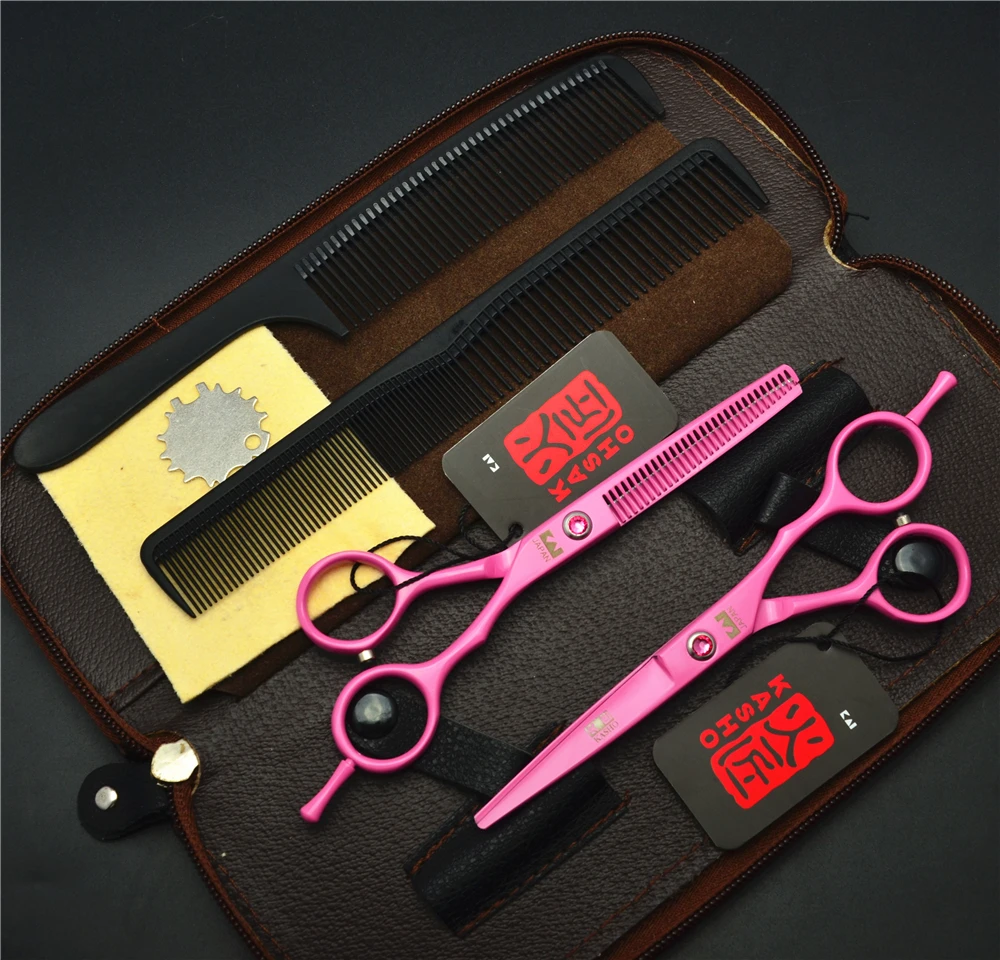 

4Pcs Suit 5.5'' 440C Kasho Pink Professional Human Hair Scissors Hairdressing Combs + Cutting Shears + Thinning Scissors H1013