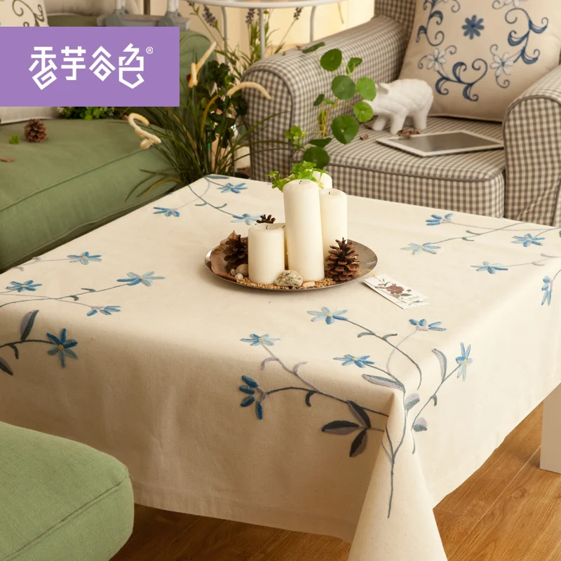 Chinese Handmade Embroidered Tablecloth Blue Flowers Tablecloth Cotton