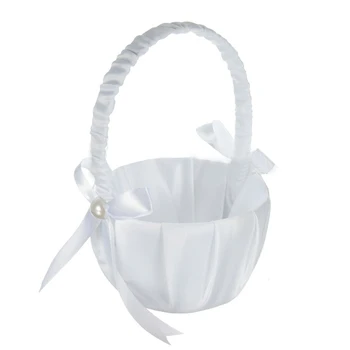 

Romantic White Satin Bowknot PEARL Flower Girl Basket Wedding Ceremony Party