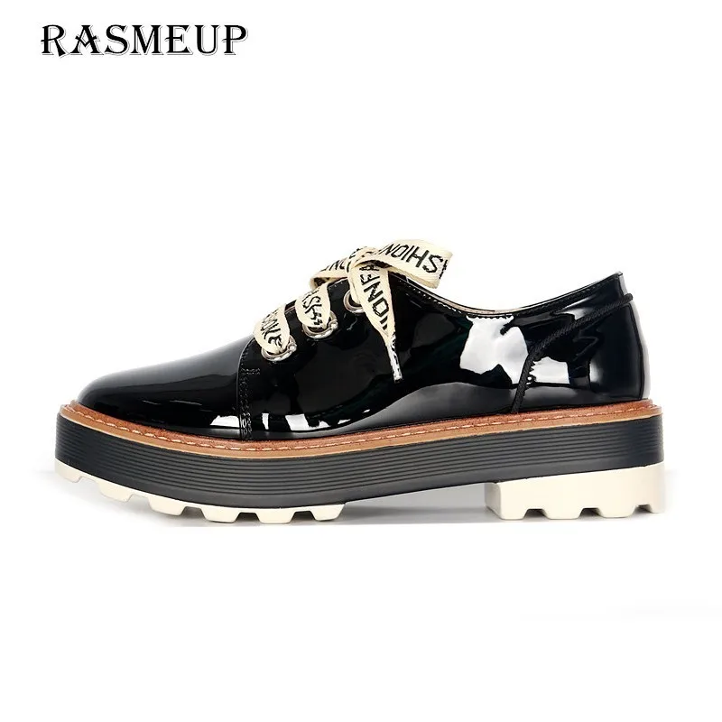 

RASMEUP Retro Patent Leather Oxford For Women 2018 Fashion Letter Lace Up Women's Platform Shoes Shallow Flat Shoes Woman Black