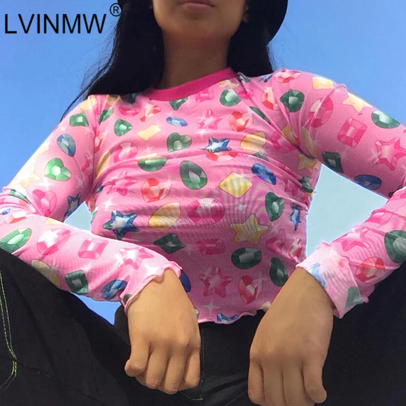 Женская футболка LVINMW прозрачная с длинным рукавом и круглым вырезом уличная