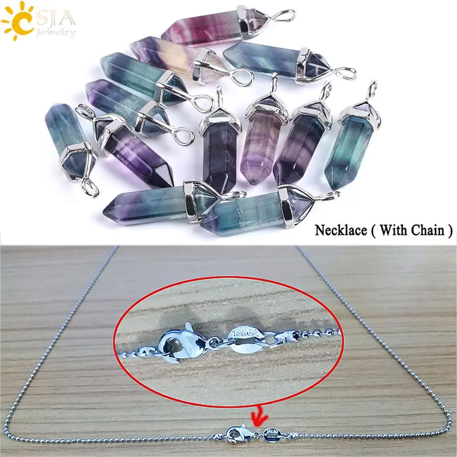 CSJA флюорит ожерелья Кристалл Подвески натуральный драгоценный кварцевый камень пуля шестиугольный маятник Рейки Чакра маятник E546 - Окраска металла: 1PC ColorfulNecklace