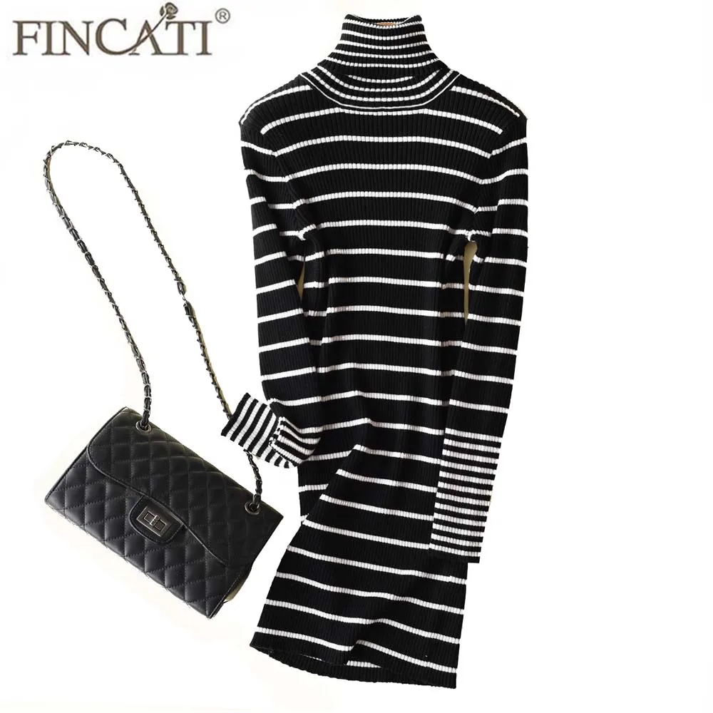 

Autumn Winter Dresses Women Striped Ribed Elbow Knitted Cashmere Wool Blending Turtleneck High Stretched Sheath Mini Dress