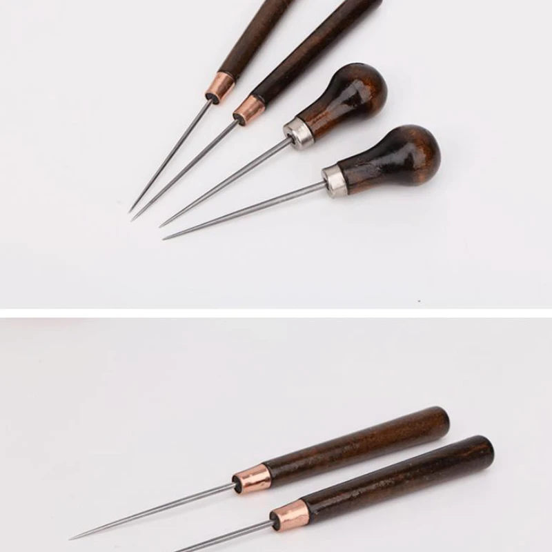 2pcs Leather craft Stitching Awl Round Wooden Handle Cloth Sewing Punch Tool Household Supplies