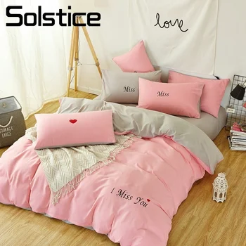 

Solstice Home Textile Full Twin Double Bedding Set Solid Pink Gray Love Girl Adult Woman Bed Linens Duvet Cover Pillowcase Sheet