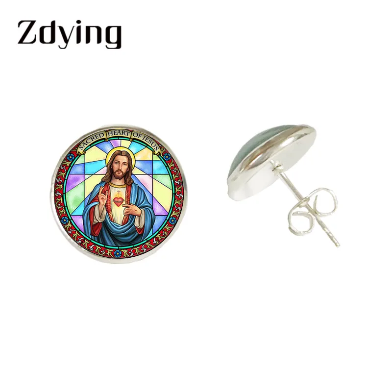 ZDYING Christian religion Jesus Stud Earrings Glass Cabochon Jesus