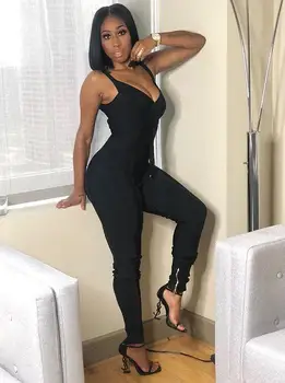 

High Quality Sexy Strap Black Bandage Jumpsuit 2018 Elegant Knitted Designer Party Jumpsuit