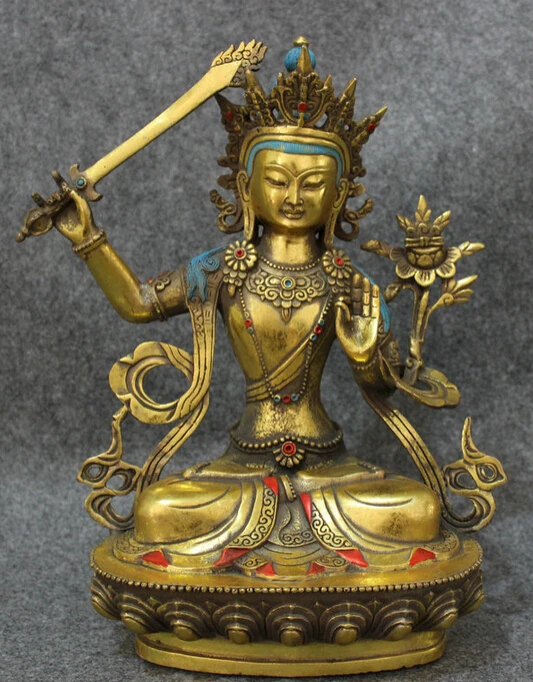 

S5178 12" Tibet Temple Bronze Gilt Joss Manjusri Manjushri Bodhisattva Buddha Statue D0318