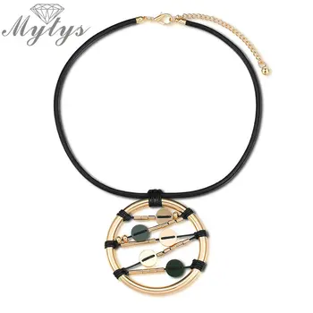 

Mytys Black Leather Rope Necklace Handcrafted Big Circle Pendant Necklace For Women New Design Fashion Punk Jewelry CN369