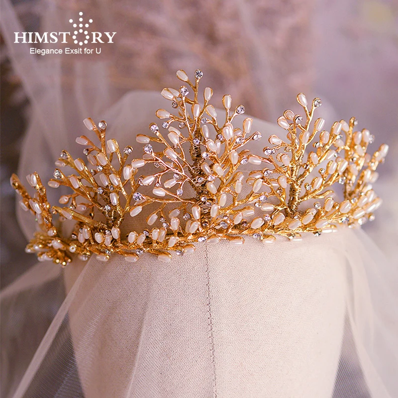 Himstory Handmade Pearls Bridal Headdress Wedding Tiaras Crowns Crystal Brides Hair Accessory Jewelry Gifts | Украшения и