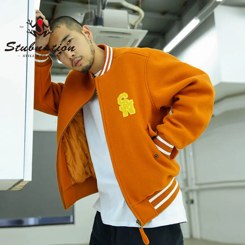 Stubnation Winter Worsted Baseball Jacket Mens Thick Warm Letter