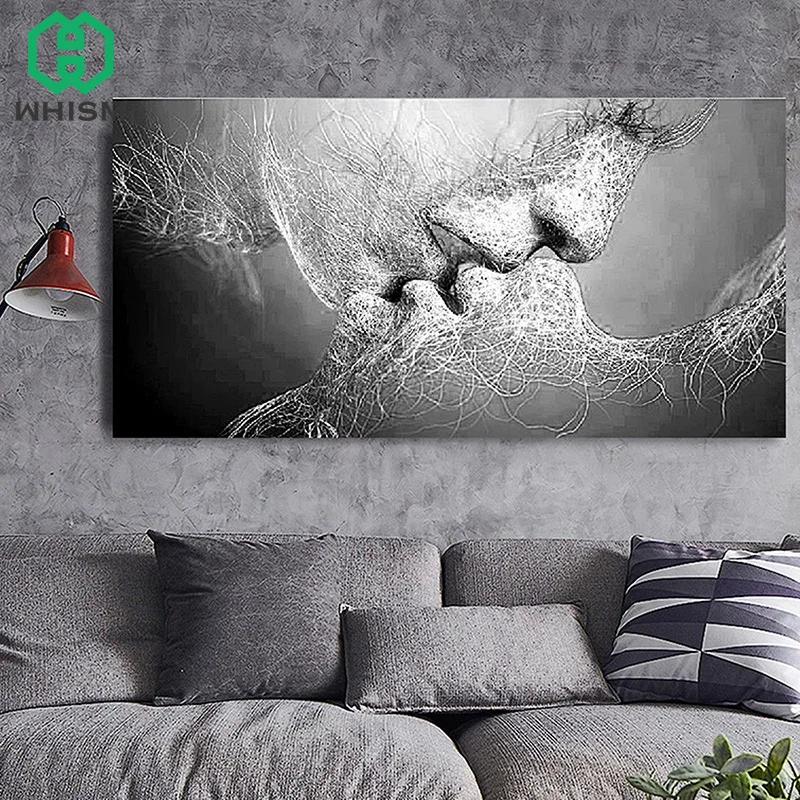 

WHISM Non-woven Love Kiss Oil Painting Abstract Couple Canvas Paintings For Living Room Wall Print No Frame Decorative Pictures