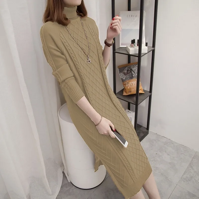 New Fashion Autumn Winter Women Knitting Middle Long Dresses Female Turtleneck Long Sleeve Warm Thick Dresses Pullovers F15 - Цвет: xing se