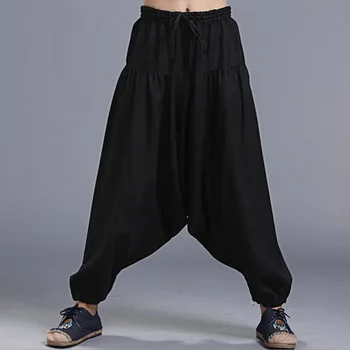 

Fashion Natural Linen Harem Pants Men'S Casual Trousers Elastic Waist Chino Pantalones Kung Fu Black Dance Pants Bloomers 2016