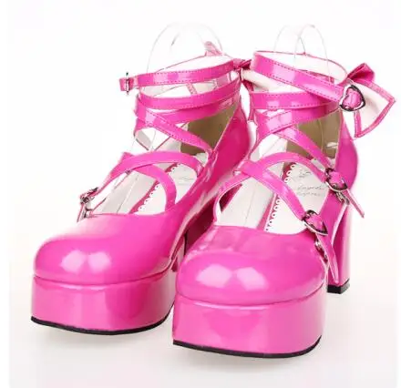 Черные кожаные туфли Лолиты с ремешками на не сужающемся книзу массивном каблуке 8 см; туфли-лодочки на платформе с круглым носком и милым бантом; высокий каблук - Цвет: PL Rose