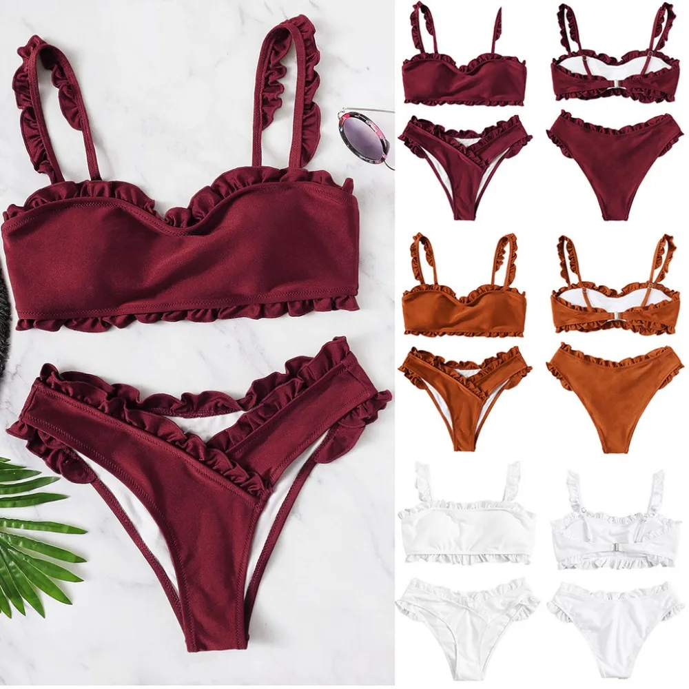 

ISHOWTIENDA Women Solid Color Bandage Bikini Set Brazilian Swimwear Beachwear Swimsuit Costume da bagno arruffato #35