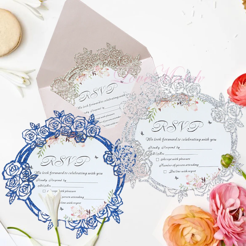  50pcs Flower Glitter Paper Laser Cut Invitation Cards Wedding Invitations Card With Envelope Weddin - 32981012699