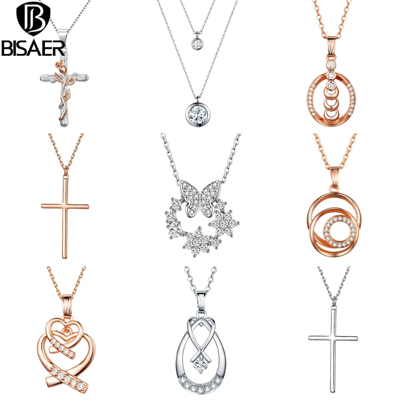 

BISAER Women Necklace Cheap Silver Color Cross Geometric Simple Butterfly Clear CZ Women Pendants Necklaces Collar Jewelry