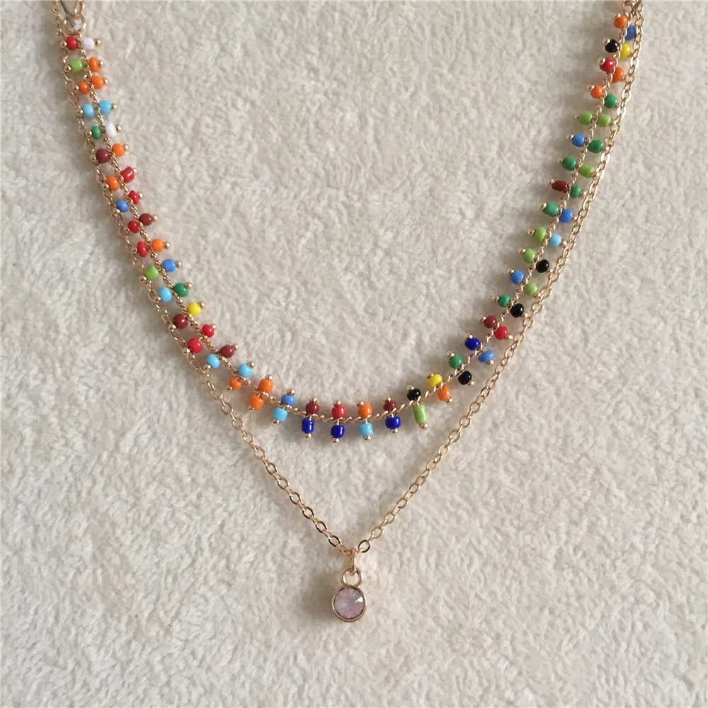 

CHIC WOMEN GILR GOLD COLOR PLATING COLORFUL BEAD STRAND LAYERED NECKLACE PEACH STONE PENDANT NECKLACE
