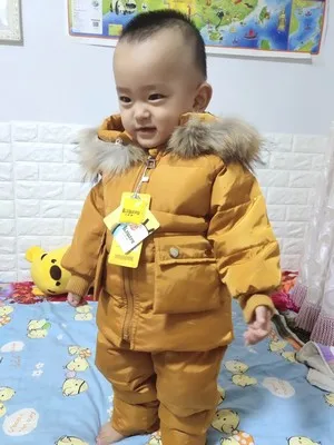 Зимняя одежда для детей, зимний комбинезон для девочек и мальчиков, теплые штаны на подтяжках куртка для маленьких мальчиков пуховое пальто Детская верхняя одежда с капюшоном и натуральным мехом
