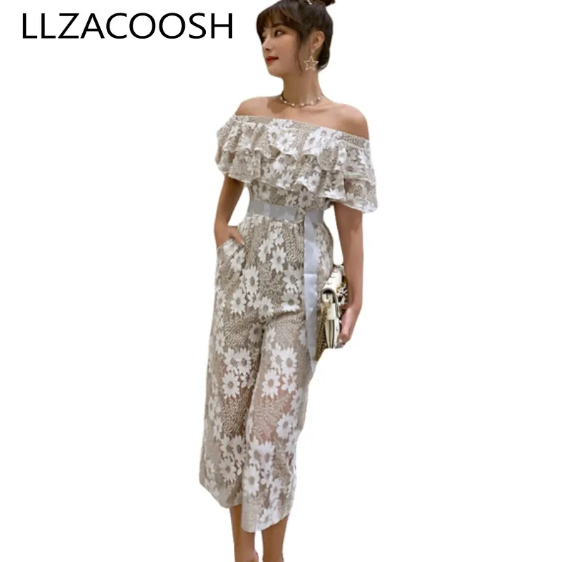 

Women's New Lace Hollow Out Jumpsuits Ruffles Sexy slash neck Wide Leg Loose Playsuits Elegant Work Wear Business Clothes Femme