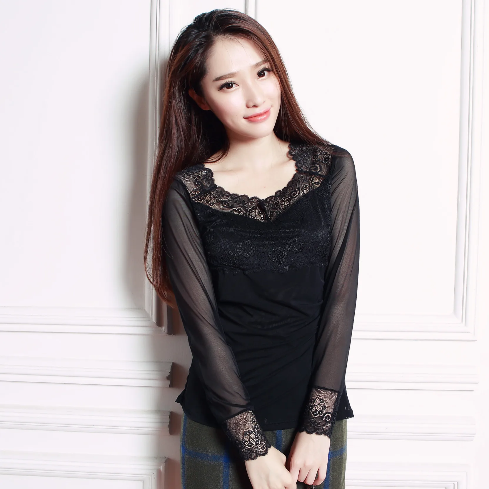 

Long-sleeved bottom sweaters women's net lace shirts sexy hollowed-out lace tops