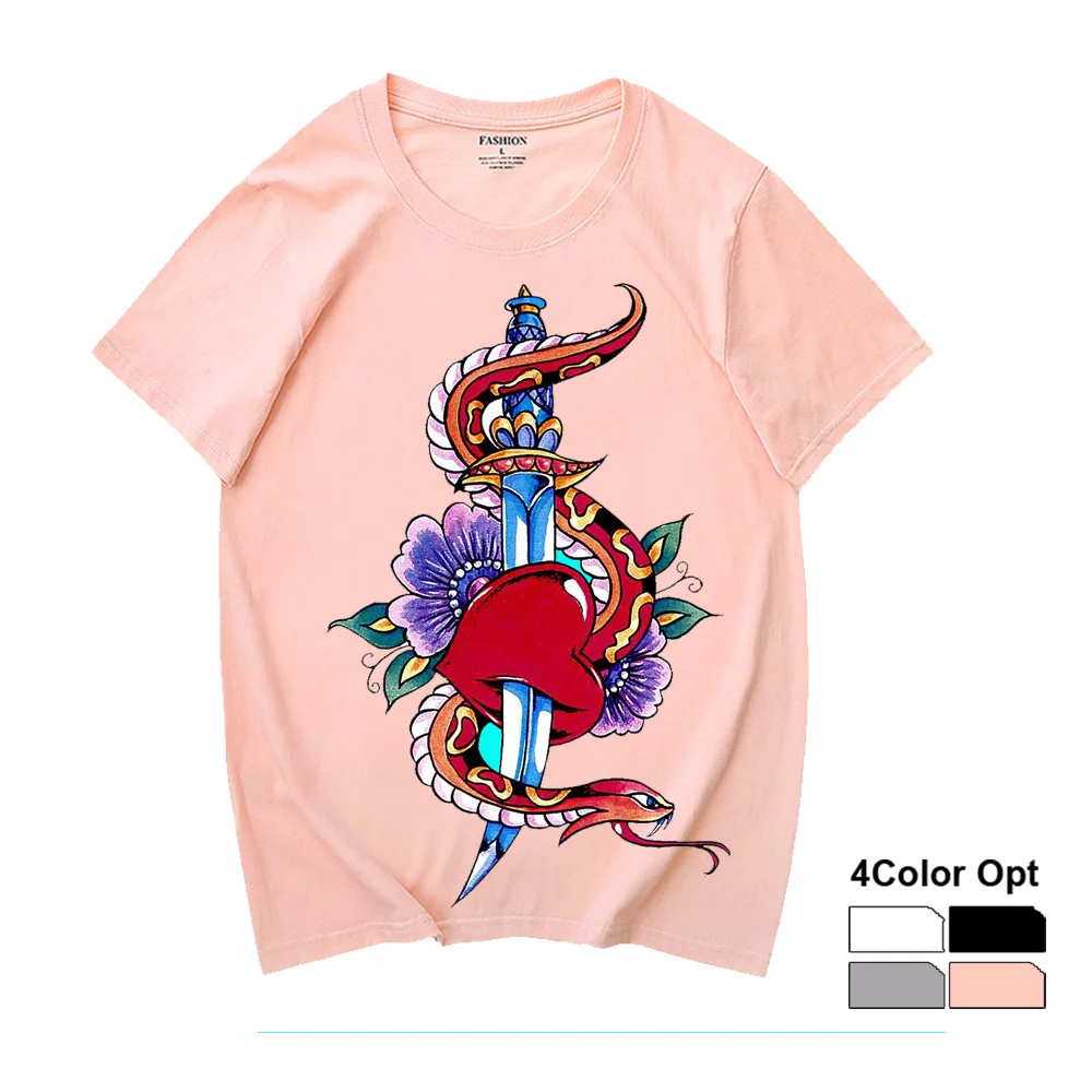 

Men Women Unisex Adult Loose Short Sleeve T Shirt Hip Hop Tee Rock Top Skate Board Summer Casual Cotton Clothing Sword Snake
