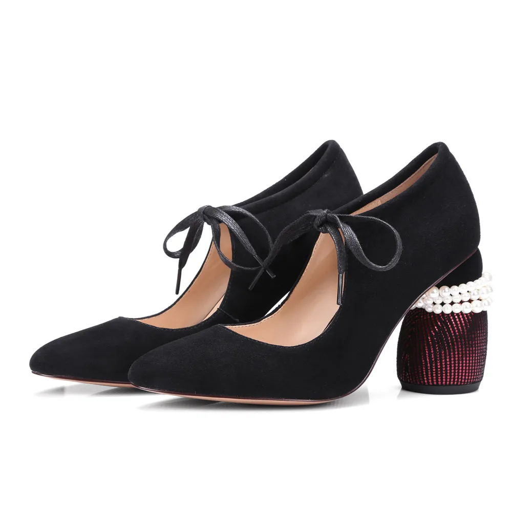 green Grueso Lace Mujer Toe Punta Primavera Tacón Altos Up Smirnova Cuero Tacones 2018 Zapatos Otoño Mujeres Negro De Bombas Gamuza Moda Xfxn8wRq0P