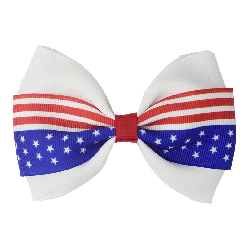 Handmade Hair Bow With Clip Girl American Flag Hairbow Boutique Hairpin Kids Hair Accessories Red Royal White Hairbows Grosgrain Ribbon Stars Stripe (2)