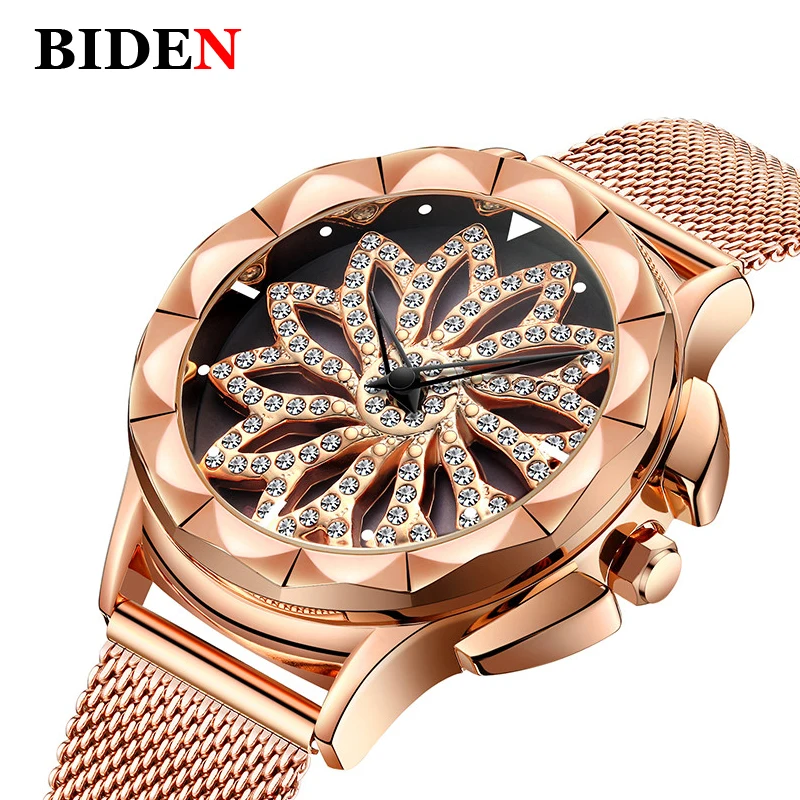 

BIDEN Brand Women Rose Gold Watches Female Full Rhinestone Flower Dial Steel Milanese Strap Waterproof Dress Clock reloj mujer