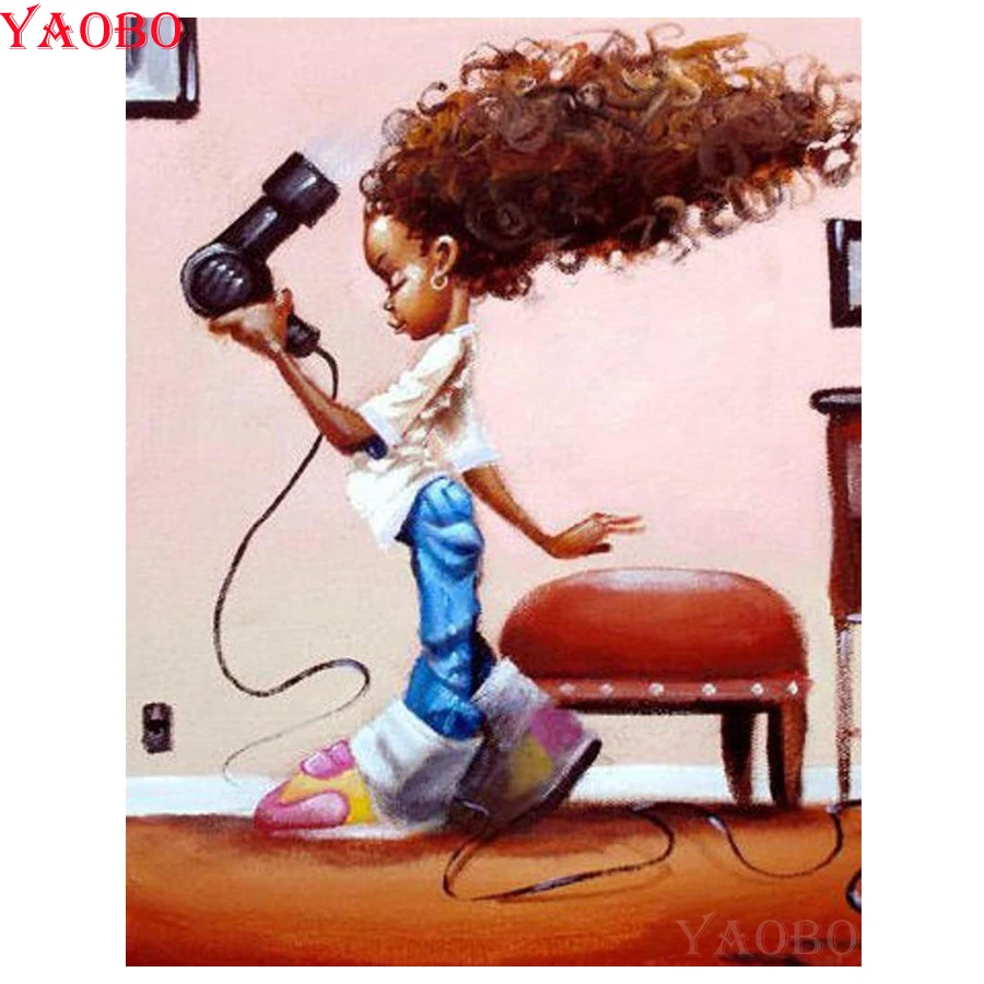 

Square/Round Diamond Embroidery African girl hair drier 5D DIY Diamond Painting Cross Stitch Diamond Mosaic Rhinestones Pictures