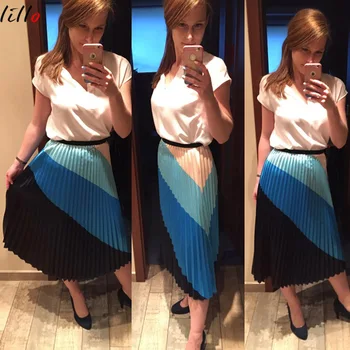 

Stripe design printing A word pleated organ high waist slimming large swing half length skirt women 2019 summer new fashion eleg