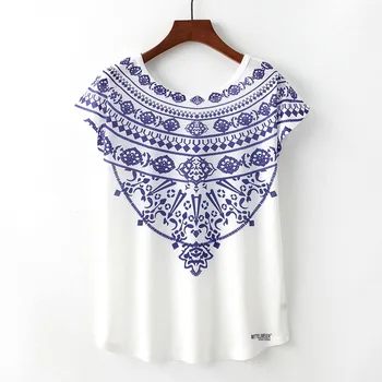 

Female Tops Tees Spring Summer Women T Shirt Novelty Harajuku Kawaii Blue White Porcelain Print T-shirt Short Sleeve Tops