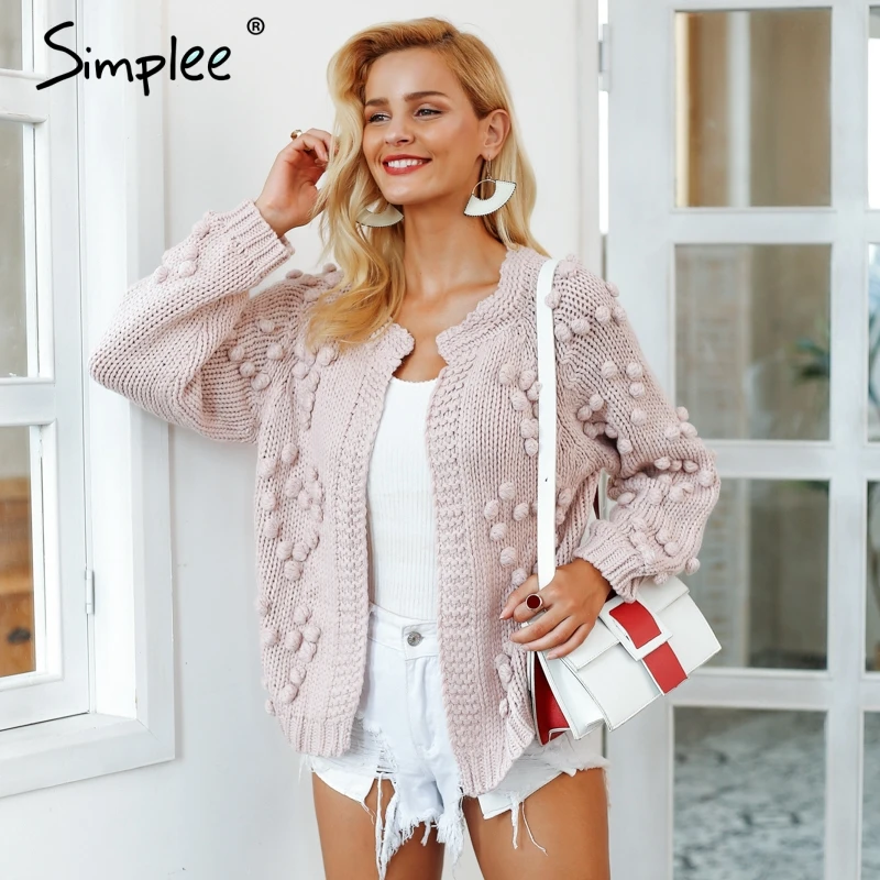 Simplee Hairball knitted cardigan Casual o neck long sleeve pink cardigan jumper 2018 Autumn winter women sweater
