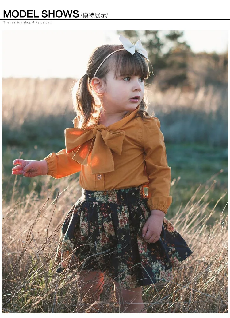 Осенне-осенний комплект одежды для маленьких девочек, рубашка с большим бантом и рукавами, юбка с цветочным принтом, комплект из 2 предметов, зимняя одежда для девочек