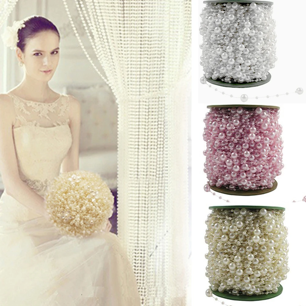 60m/roll Beige/White Fishing Line Artificial Pearls Beads Chain Garland Flowers Wedding Party Decoration Products Supply